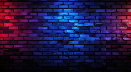 A 3d illustration of brick wall room with blue, red, purple and pink neon lights on wooden floor. Dark background with smoke and bright highlights, night view. Studio shot mockup design