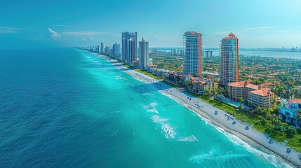 Fototapeta premium View from above of luxurious highrise hotels and condos on Atlantic ocean shore in Sunny Isles Beach city. American tourism infrastructure in southern Florida