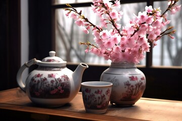 Teapot and teacup with sakura flowers on wooden table - obrazy, fototapety, plakaty