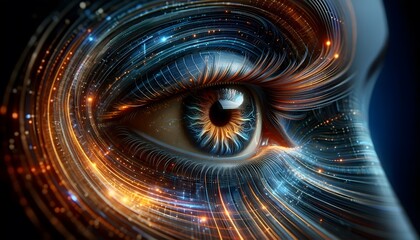a human eye with a dynamic, swirling vortex of light trails and sparkles surrounding it, suggesting a sense of cosmic or technological observation.