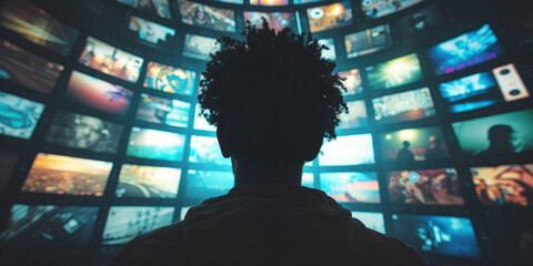 TV addiction to technology gadgets and media concept. African American teenager school boy looking at screens watching select channel. on background. Sedentary addicted lifestyle - obrazy, fototapety, plakaty