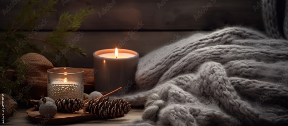 Poster a cozy scene with a close-up of a fragrant candle and a soft blanket placed on a table, creating a w