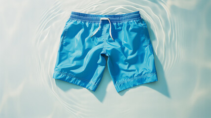 Blue swim trunks floating on clear water with ripples.