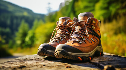 photo of hiking shoes in nature with a panoramic green forest landscape background, photo of hiker shoes