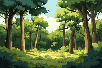 Forest background with trees and grass