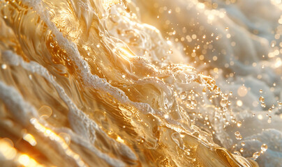 golden sea waves shinning in the sunlight wallpaper, natural beauty ocean at sunset / sunrise close up macro view  - obrazy, fototapety, plakaty