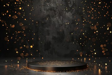 Black podium with round stage and golden light particles on dark background, blank space for product presentation or award ceremony - obrazy, fototapety, plakaty