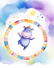 Hippopotamus Watercolor Illustration with Rainbow