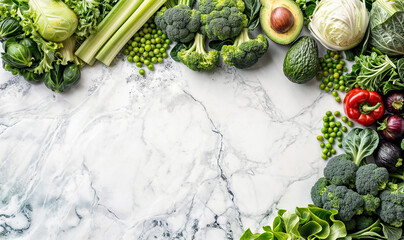 green veggies seen from above on a white marble table top wallpaper with copy space, vegan diet banner
