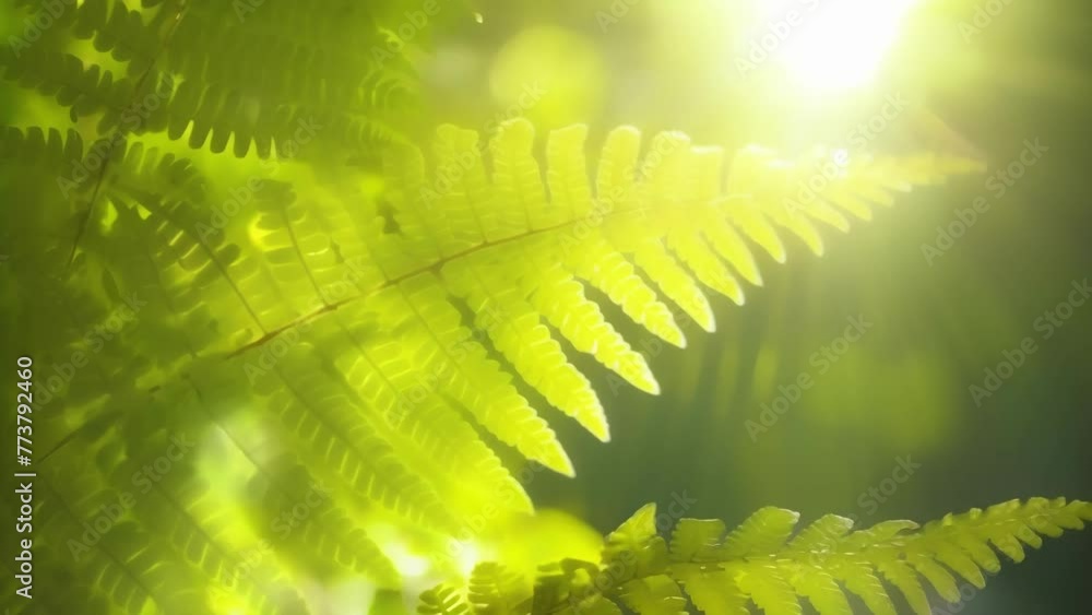 Poster sun rays peeking through the leaves of a fern creating a mesmerizing pattern of light and shadow.