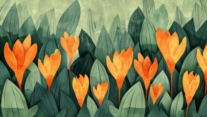 Abstract illustration of crocuses in the style of vintage style, orange and green colors, art deco, hand drawn, floral pattern, vintage poster