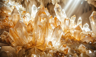 golden quartz crystals in a cave shinning from natural sun light - obrazy, fototapety, plakaty