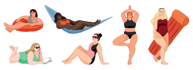 Set of overweight women in swimsuits on white background