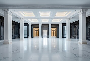 The interior of the entrance hall in an office building has a marble floor and walls decorated with decorative panels and columns made from dark wood
