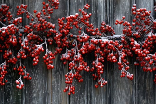 Branch with red berries on a dark wooden background,  Winter background