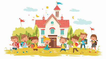 Obraz na płótnie Canvas Cartoon Back to school. Happy little kids with school