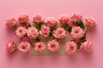 Flowers composition,  Frame made of pink roses on pink background,  Flat lay, top view, copy space