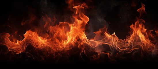 Viewing up close, intense flames are roaring on a burning fire, radiating heat and light - obrazy, fototapety, plakaty
