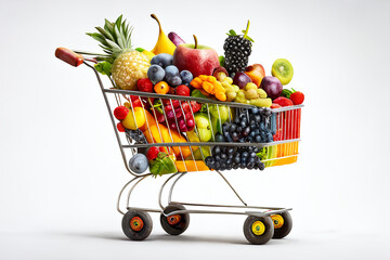 A supermarket cart full of different fruits and vegetables. White background. 