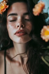 Beautiful young woman with flowers in her hair,  Portrait of a girl with freckles