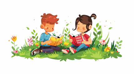 Cartoon boy and girl reading books on the grass flat vector