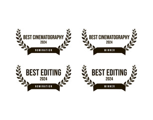 Movie award best film cinematography and editing, nomination and winner, black and white vector icon set