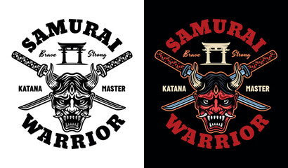 Samurai vector emblem, badge, label in two styles black on white and colored on dark background