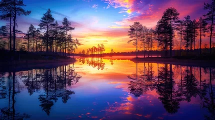 Tableaux sur verre Réflexion Vivid sunset with hues of purple and orange over a calm lake surrounded by silhouetted pine trees, reflecting the sky's beauty.