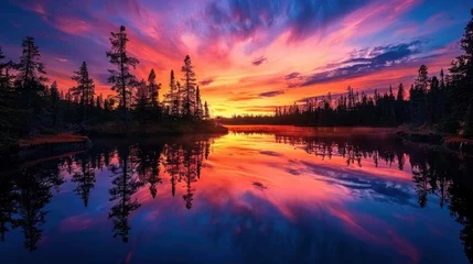 Printed kitchen splashbacks Reflection Vivid sunset with radiating colors over serene forest reflected in tranquil water. A picturesque moment of natural beauty and calm.