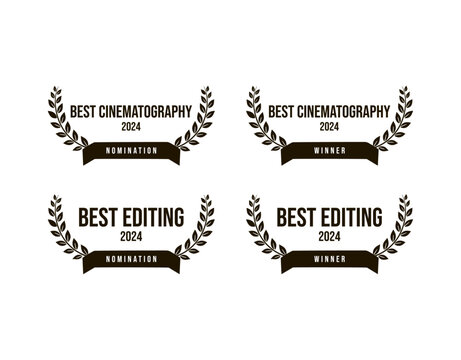Movie award best film cinematography and editing, nomination and winner, black and white vector icon set