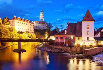 Beautiful view of castle and river Vltava in Cesky Krumlov after sunset, Czech republic at night