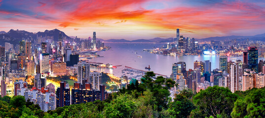 Hong Kong skyline at sunset from Braemar Hill Peak