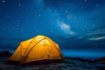 Camping on the beach at night with starry sky background