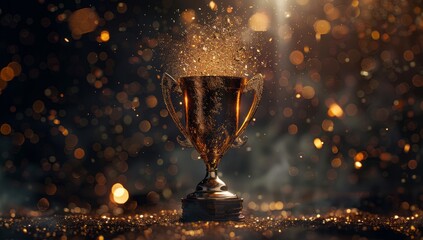 trophy with dramatic light and shadow effect, spotlight beams creating sparks of light on dark background , bokeh lights in background , cup with gold texture, shimmering gold dust 