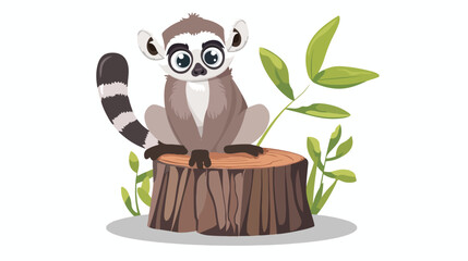 Cartoon cute lemur sitting on tree stump flat vector isolated