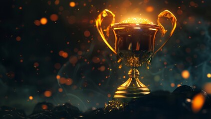 cup trophy on dark background with light beam and bokeh lights, 3d rendering illustration. Concept of success in business or competition winner award - obrazy, fototapety, plakaty