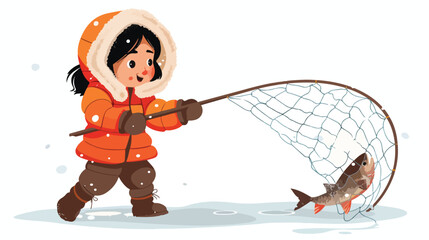 Cartoon eskimo girl catching a fish with net flat vector - obrazy, fototapety, plakaty