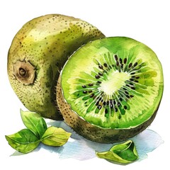 Vibrant watercolor painting of kiwi fruit, skillfully capturing the juicy freshness