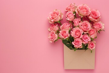 Bouquet of pink roses in an envelope on a pink background