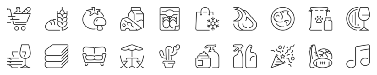 Fotobehang Lengtemeter Supermarket departments and services, thin line icon set 2 of 3. Symbol collection in transparent background. Editable vector stroke. 512x512 Pixel Perfect.