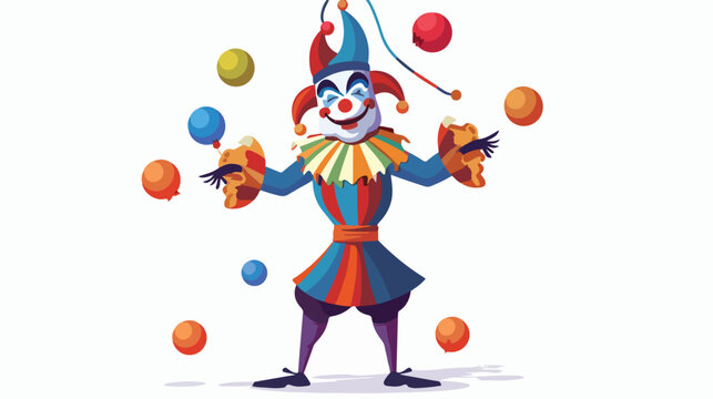 Cartoon funny jester showing juggling flat vector isolated