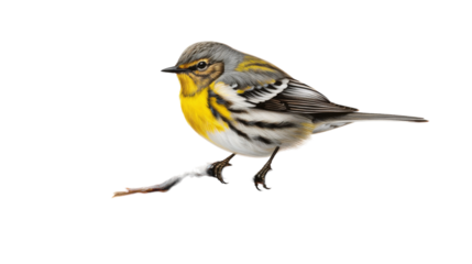 A vibrant yellow and gray bird perched gracefully on a textured branch