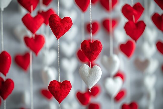 Valentines day background with red and white hearts on white background