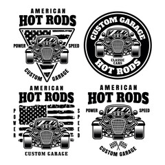 Hot rod set of vector emblems, labels, badges or prints in monochrome style isolated on white background