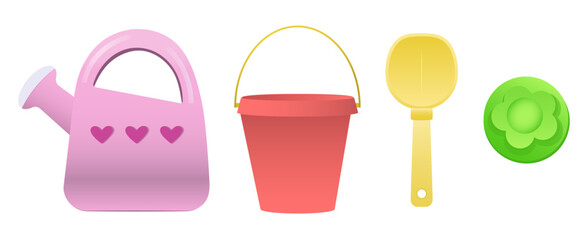 Set of beach toys on white background