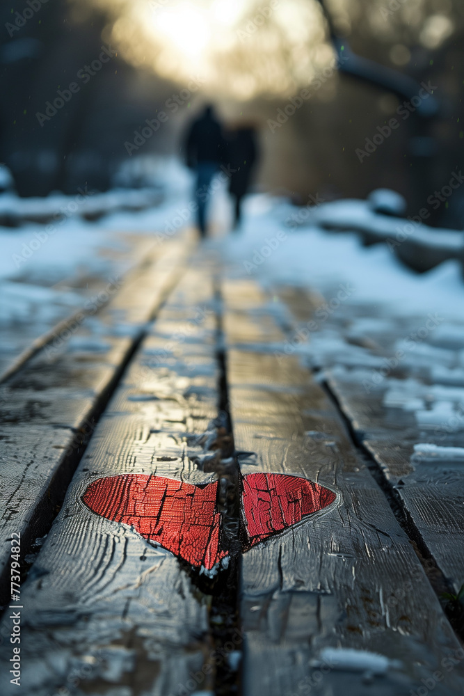 Poster a couple walking on a snowy path with a heart drawn on the ground in front of them. the heart is red