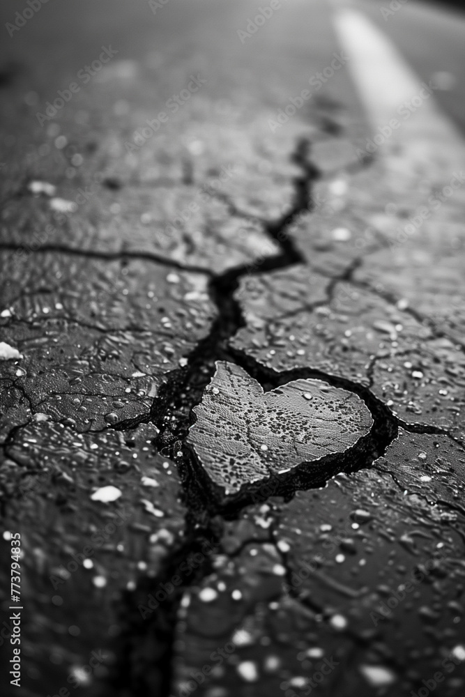 Poster a heart is carved into a crack in the pavement. the crack is deep and wide, and the heart is small a