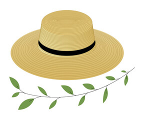 Straw beach hat and green branch on white background