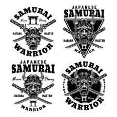 Samurai set of vector monochrome emblems, badges, labels isolated on white background