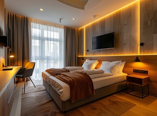 The interior of the modern hotel room with a double bed, TV and desk in front of it